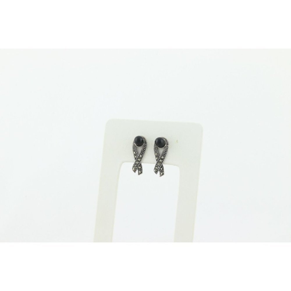 Sterling Silver Marcasite Ribbon Earrings with Black Bead Stud Post - Picture 6 of 9